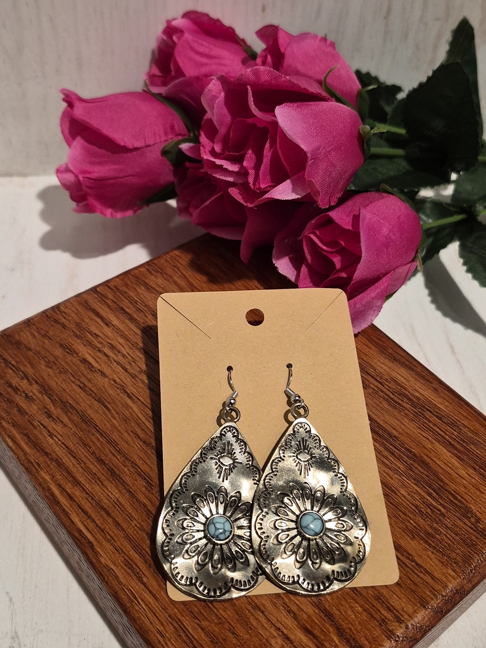 Silver Teardrop Sunburst Earrings with Turquoise Accent - Women Jewelry Earrings